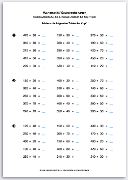 Download => Grundrechenarten => Addition bis 1000 im Kopf (1)