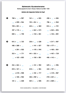 Download => Grundrechenarten => Addition bis 1000 im Kopf (10)