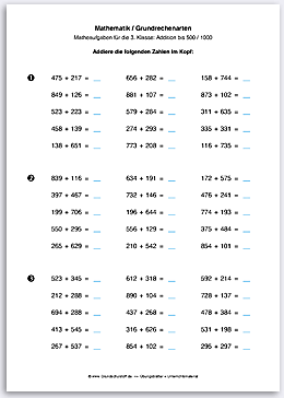 Download => Grundrechenarten => Addition bis 1000 im Kopf (9)