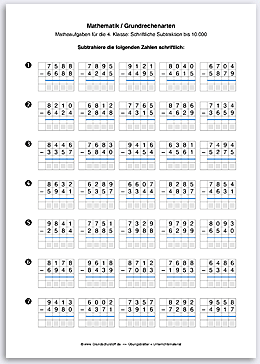 Download => Grundrechenarten => Schriftliche Subtraktion bis 1 Million (1)