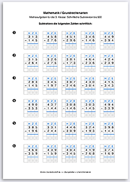 Download => Grundrechenarten => Schriftlich subtrahieren bis 1000 (1)