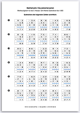 Download => Grundrechenarten => Schriftlich subtrahieren bis 1000 (12)