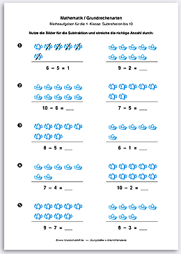 Download => Grundrechenarten => Subtraktion: Subtrahieren bis 10 mit Bildern (7)
