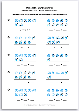 Download => Grundrechenarten => Subtraktion: Subtrahieren bis 10 mit Bildern (8)
