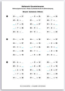 Download => Grundrechenarten => Subtraktion bis 100 mit Zehner�bergang (6)