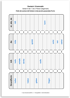 Download => Grammatik => Verben in 1. bis 3. Person (Gegenwart) (15)