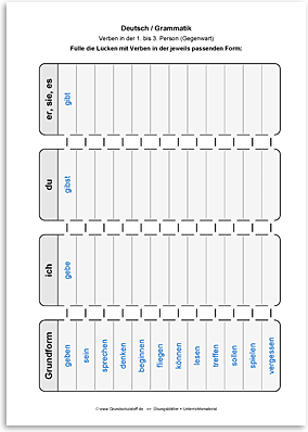 Download => Grammatik => Verben in 1. bis 3. Person (Gegenwart) (3)