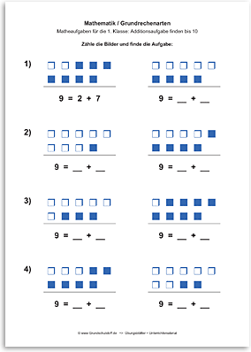 Download => Grundrechenarten => Addition: Aufgabe finden bis 10 (3)
