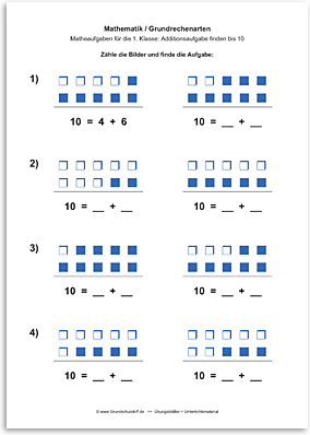 Download => Grundrechenarten => Addition: Aufgabe finden bis 10 (4)