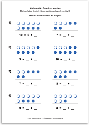 Download => Grundrechenarten => Addition: Aufgabe finden bis 10 (5)