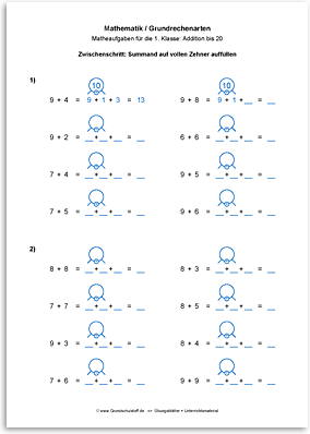 Download => Grundrechenarten => Addieren bis 100 mit Zehnerübergang (1)