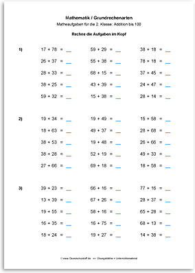Download => Grundrechenarten => Addieren bis 100 mit Zehnerübergang (18)