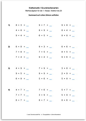 Download => Grundrechenarten => Addieren bis 100 mit Zehnerübergang (2)