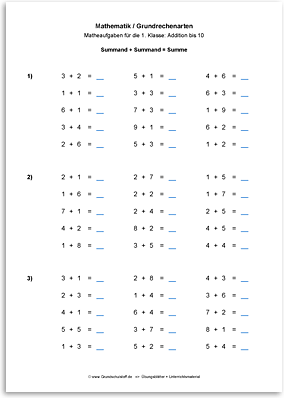 Download => Grundrechenarten => Addieren bis 100 ohne Zehnerübergang (1)