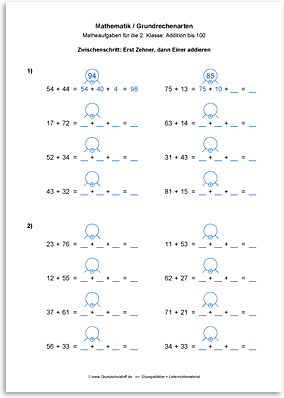 Download => Grundrechenarten => Addieren bis 100 ohne Zehnerübergang (13)