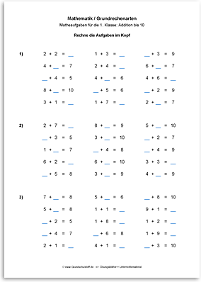 Download => Grundrechenarten => Addieren bis 100 ohne Zehnerübergang (2)