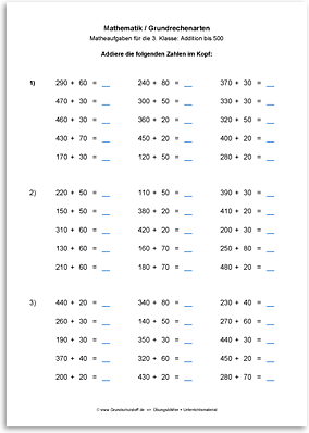 Download => Grundrechenarten => Addition bis 1000 im Kopf (1)