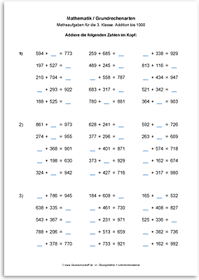 Download => Grundrechenarten => Addition bis 1000 im Kopf (10)