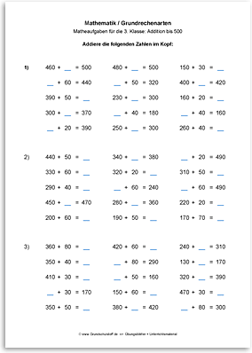 Download => Grundrechenarten => Addition bis 1000 im Kopf (2)