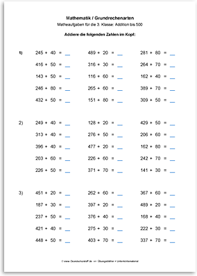 Download => Grundrechenarten => Addition bis 1000 im Kopf (3)
