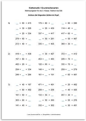 Download => Grundrechenarten => Addition bis 1000 im Kopf (4)