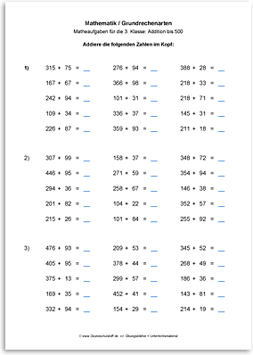 Download => Grundrechenarten => Addition bis 1000 im Kopf (5)