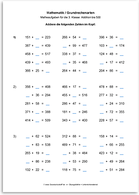 Download => Grundrechenarten => Addition bis 1000 im Kopf (6)