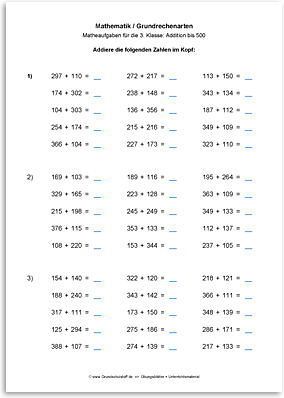 Download => Grundrechenarten => Addition bis 1000 im Kopf (7)