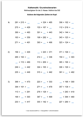 Download => Grundrechenarten => Addition bis 1000 im Kopf (8)