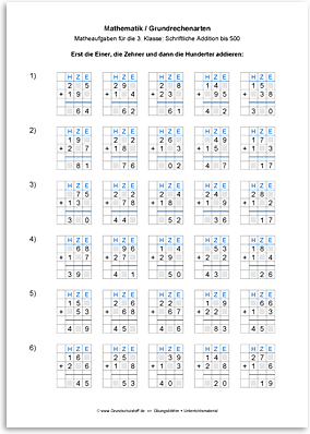 Download => Grundrechenarten => Schriftlich addieren bis 1000 (2)