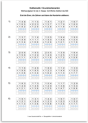 Download => Grundrechenarten => Schriftlich addieren bis 1000 (7)