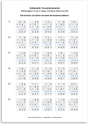 Download => Grundrechenarten => Schriftlich addieren bis 1000 (8)