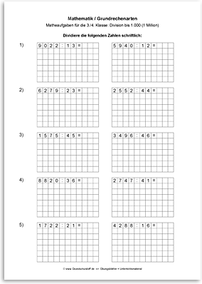 Download => Grundrechenarten => Schriftliche Division bis 1 Million (10)