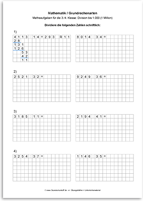 Download => Grundrechenarten => Schriftliche Division bis 1 Million (11)