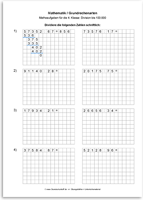 Download => Grundrechenarten => Schriftliche Division bis 1 Million (17)
