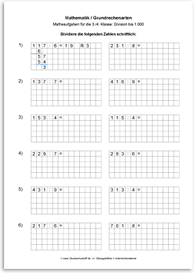 Download => Grundrechenarten => Schriftliche Division bis 1 Million (3)
