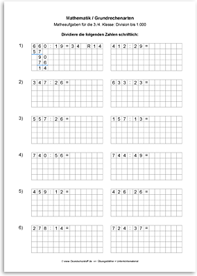 Download => Grundrechenarten => Schriftliche Division bis 1 Million (7)