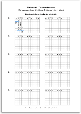 Download => Grundrechenarten => Schriftliche Division bis 1 Million (9)