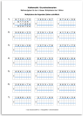Download => Grundrechenarten => Schriftliche Multiplikation bis 1 Million (5)