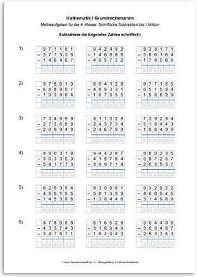 Download => Grundrechenarten => Schriftliche Subtraktion bis 1 Million (11)