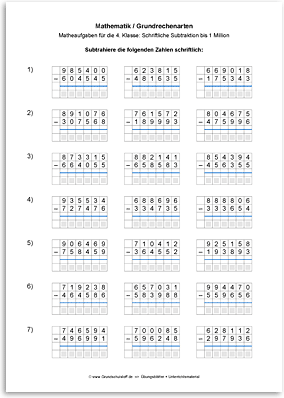 Download => Grundrechenarten => Schriftliche Subtraktion bis 1 Million (9)