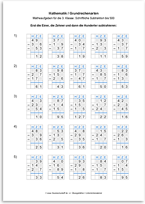 Download => Grundrechenarten => Schriftlich subtrahieren bis 1000 (6)