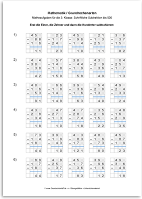 Download => Grundrechenarten => Schriftlich subtrahieren bis 1000 (8)
