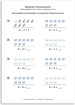Download => Grundrechenarten => Subtraktion: Subtrahieren bis 10 mit Bildern (1)