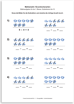 Download => Grundrechenarten => Subtraktion: Subtrahieren bis 10 mit Bildern (2)