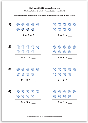 Download => Grundrechenarten => Subtraktion: Subtrahieren bis 10 mit Bildern (3)