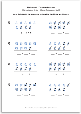 Download => Grundrechenarten => Subtraktion: Subtrahieren bis 10 mit Bildern (4)