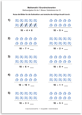 Download => Grundrechenarten => Subtraktion: Subtrahieren bis 10 mit Bildern (5)