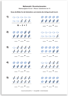 Download => Grundrechenarten => Subtraktion: Subtrahieren bis 10 mit Bildern (6)