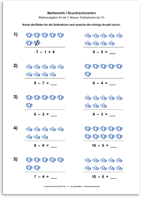 Download => Grundrechenarten => Subtraktion: Subtrahieren bis 10 mit Bildern (7)